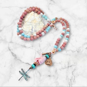 Dragonfly Mala Necklace: Copper Buddha, Gemstone Prayer Beads, Meditation Jewellery, Handmade Yoga Gift