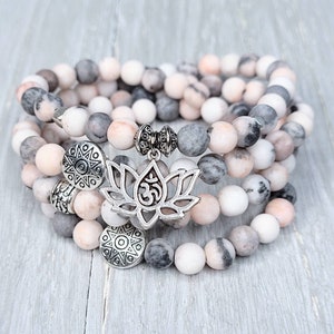 Aura Protection Mala Bracelet: Pink Zebra Jasper, Lotus OM Charm