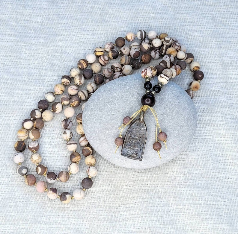 Hand Knotted ZEBRA JASPER Mala Necklace, 108 Mala Beads, Buddha Pendant blessed in Thai Temple, Yoga Mala Gift, Prayer Beads, Meditation image 8