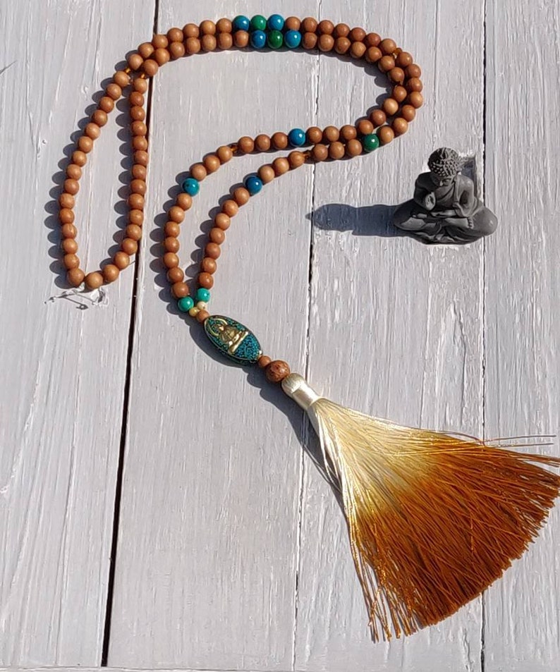 Long Silk Tassel Japa Mala Buddhist Mala Women/'s Fashion Meditation Jewellery SUNSHINE MALA with Sandalwood Yoga Necklace Chrysocolla