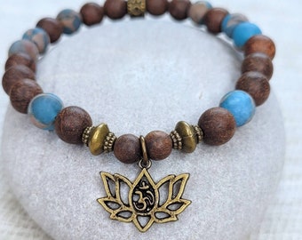 Men's Mala Bead Bracelet: Wooden Prayer Beads with Lotus Charm
