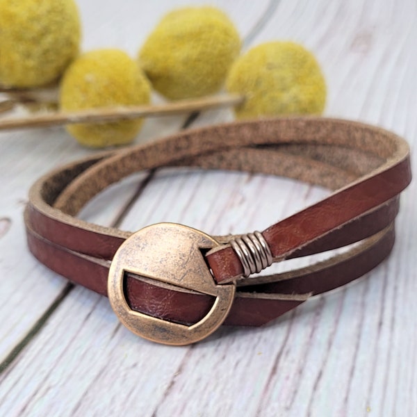 Bracelet wrap en cuir marron, maillons en cuivre, bijoux bohèmes, cadeau femme, bracelet bohème pour homme, cadeau yoga, cadeau fête des pères