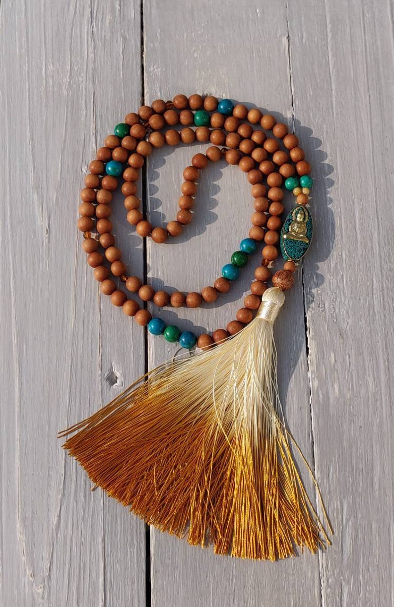 Long Silk Tassel Japa Mala Buddhist Mala Women/'s Fashion Meditation Jewellery SUNSHINE MALA with Sandalwood Yoga Necklace Chrysocolla