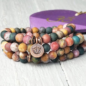 Femininity Mala Bracelet: Marine Agate, Jasper, Copper Lotus Charm