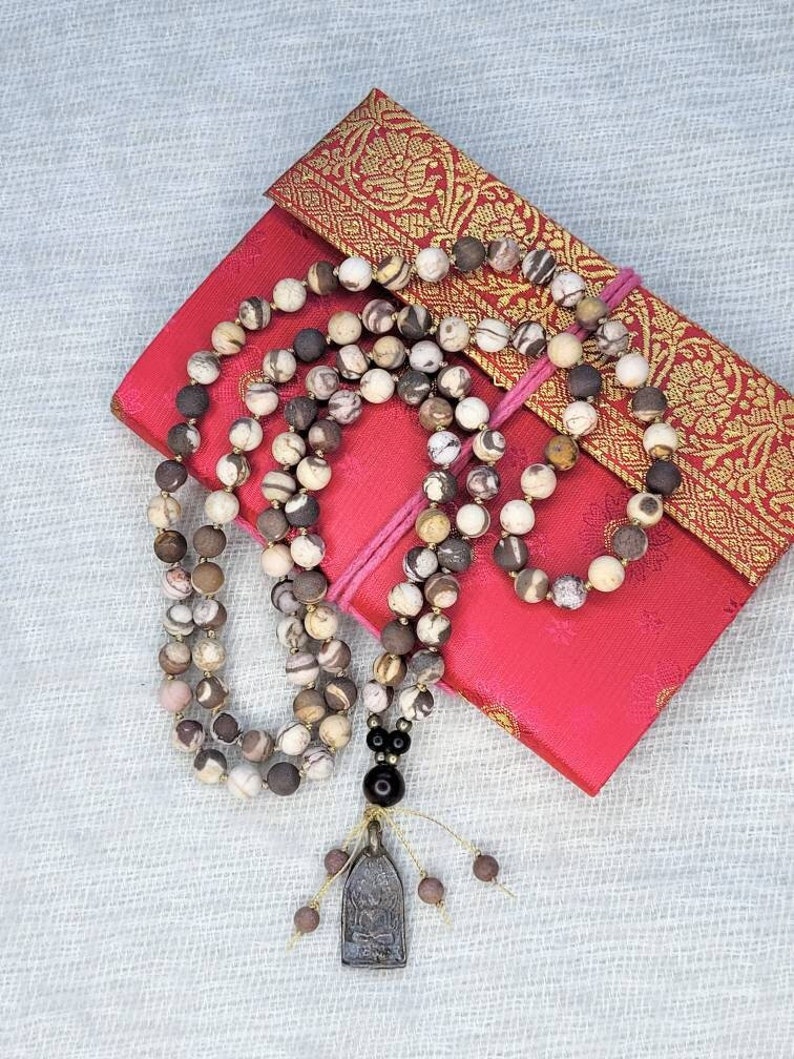 Hand Knotted ZEBRA JASPER Mala Necklace, 108 Mala Beads, Buddha Pendant blessed in Thai Temple, Yoga Mala Gift, Prayer Beads, Meditation image 1