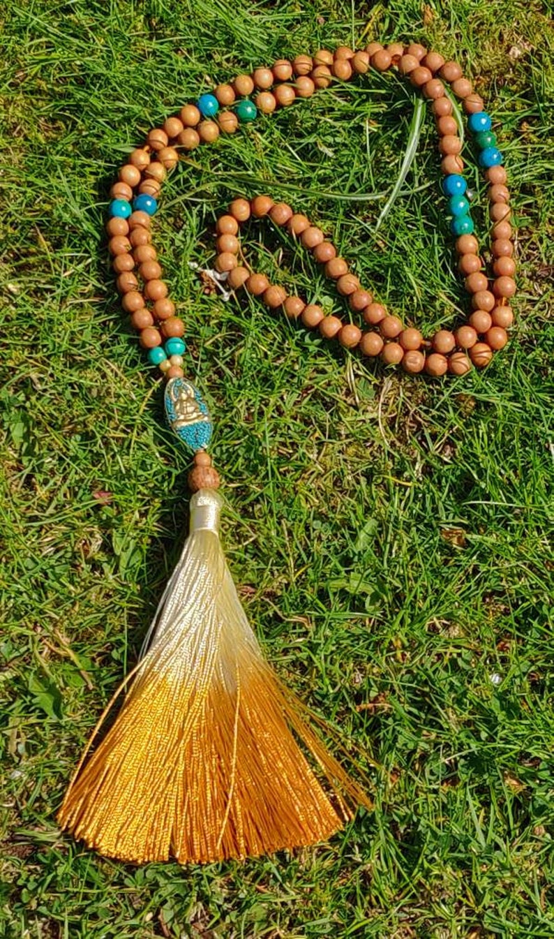 Long Silk Tassel Japa Mala Buddhist Mala Women/'s Fashion Meditation Jewellery SUNSHINE MALA with Sandalwood Yoga Necklace Chrysocolla