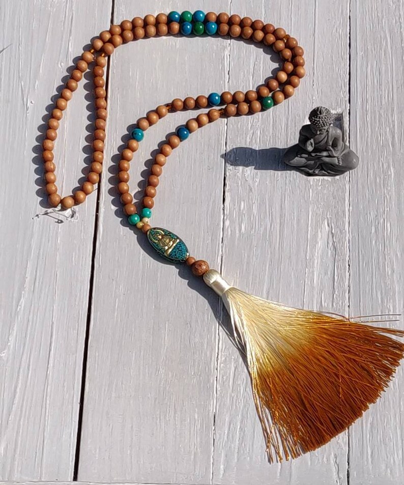 Long Silk Tassel Japa Mala Buddhist Mala Women/'s Fashion Meditation Jewellery SUNSHINE MALA with Sandalwood Yoga Necklace Chrysocolla