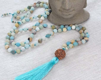 AMAZONITE Mala Beads Hand Knotted, 108 Prayer Beads, Women's Mala Necklace, Rudraksha, Meditation Beads, Japa Mala, Yoga Gift, Tassel Mala