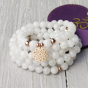 NEW BEGINNINGS Mala Bracelet for Women, Wedding Mala, Menopause Support, 108 Mala Beads, White Moonstone Wrap Bracelet, Yoga Mala Necklace