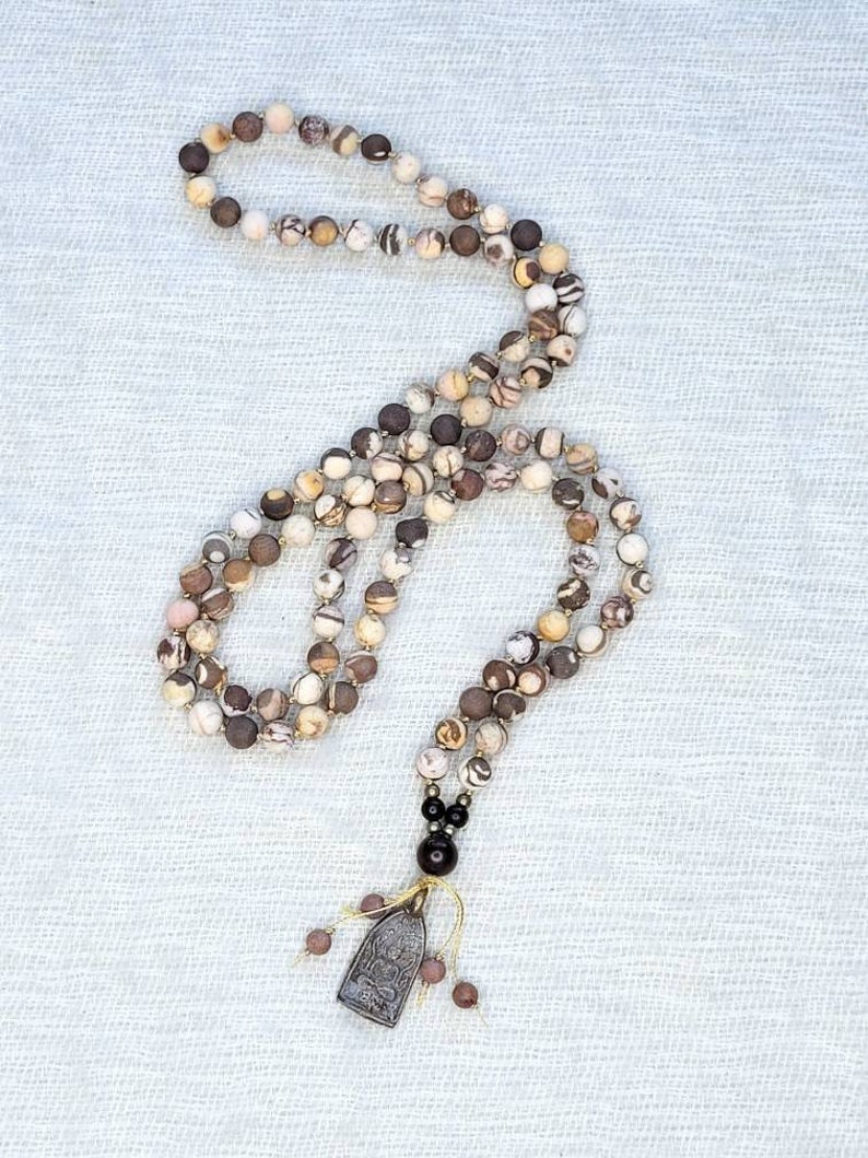 Hand Knotted ZEBRA JASPER Mala Necklace, 108 Mala Beads, Buddha Pendant blessed in Thai Temple, Yoga Mala Gift, Prayer Beads, Meditation image 5