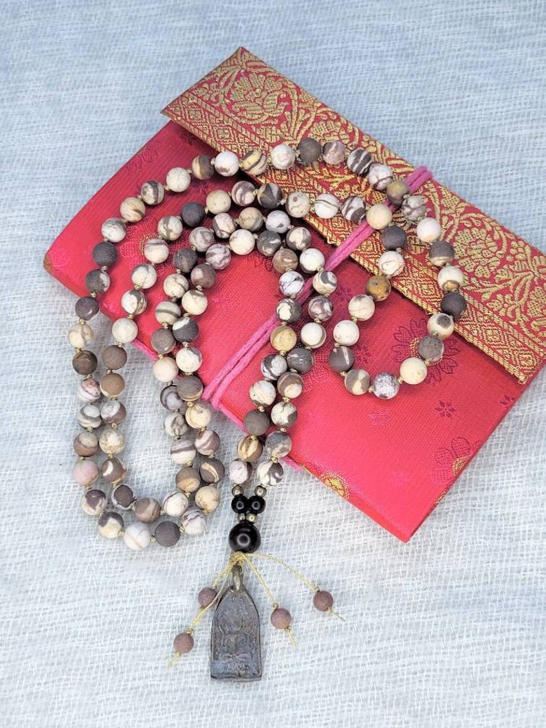 Hand Knotted ZEBRA JASPER Mala Necklace, 108 Mala Beads, Buddha Pendant blessed in Thai Temple, Yoga Mala Gift, Prayer Beads, Meditation image 4