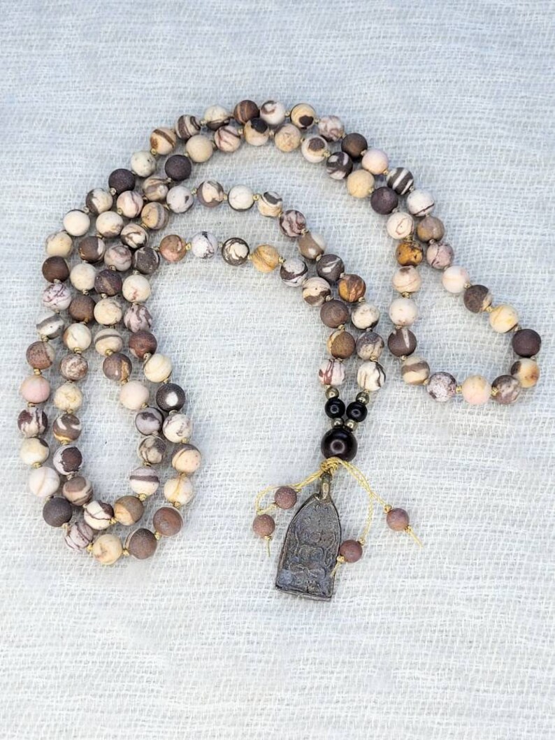 Hand Knotted ZEBRA JASPER Mala Necklace, 108 Mala Beads, Buddha Pendant blessed in Thai Temple, Yoga Mala Gift, Prayer Beads, Meditation image 6