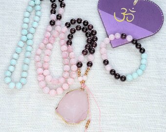 LOVE and KINDNESS Mala Beads, Hand Knotted Mala Necklace, 108 Prayer Beads, Free Bracelet, Yoga Gift, Rose Quartz Mala, Crystal Healing Yoga