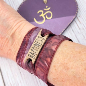Happiness Wrap Bracelet, Women's Mindfulness Gift, Positive Affirmation, Silk Sari Ribbon Wrap, Bohemian Style, Boho Jewellery, Yoga Gift