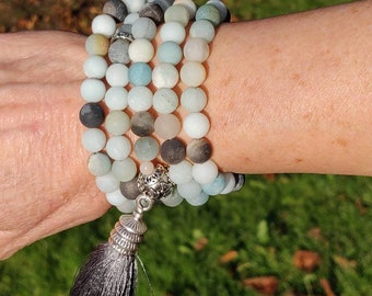 SELF WORTH Mala Necklace with frosted Amazonite, 108 Mala Beads, Japa Meditation, Japa Mala, Gemstone Wrap Bracelet, Healing Jewellery, Yoga