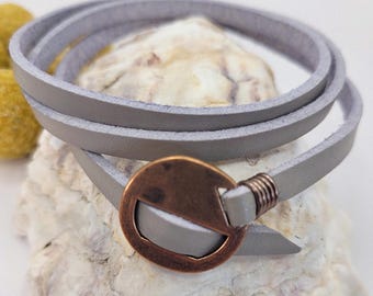 Grey Leather Wrap Bracelet: Bohemian Copper Clasp Jewelry
