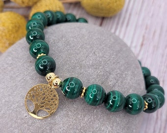 Pulsera de malaquita con chakra del corazón, oro de 14 k, dije del árbol de la vida