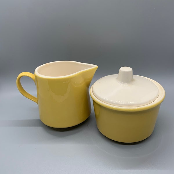 Vintage MCM Mid Century Modern Yellow & White Creamer and Sugar Bowl w/ Lid