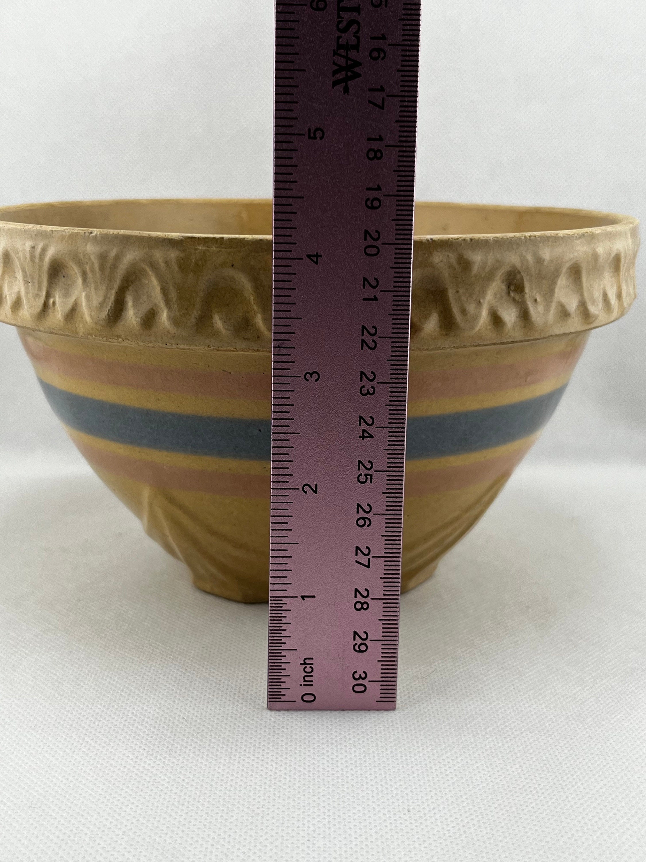 Vintage Mccoy Pottery Yellow Ware Pink and Blue Stripe Vintage Mccoy Pottery Yellow Ware Pink and Blue Stripe