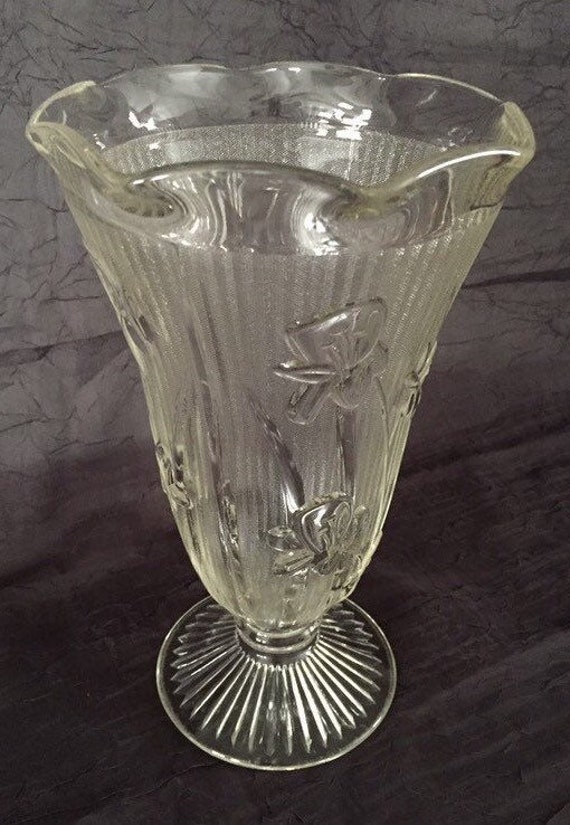 Iris and Herringbone Clear Depression Glass Vase by Jeannette Glass