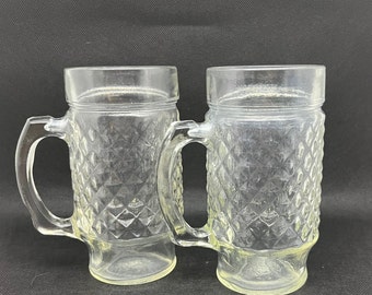 Vintage Diamond Pattern Glass Mugs - Set of 2