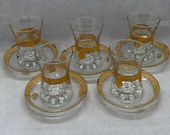 Set of 6 Turkish Tea Glass Cups & Saucers & Spoons Pasabahce Gold Trim 