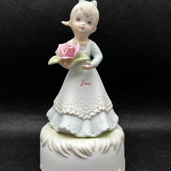 Vintage Lefton Music Box June Girl Happy Birthday To You Figurine Ceramic - The Christopher Collection