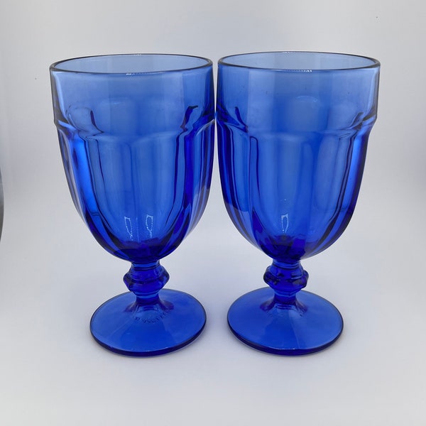 Libbey Duratuff  Blue Glass Goblets stemware Set of 2