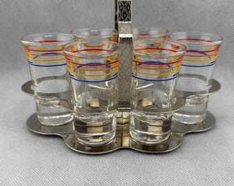 Vintage Set of 6 Striped Shot Glasses in a Chrome Caddy
