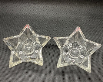 Vintage Hazel Atlas Clear Pressed Glass Star Candle Holders - Set of 2