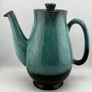 Canuck Pottery Evangeline 966 green and black drip-glaze coffee pot made in Canada.
