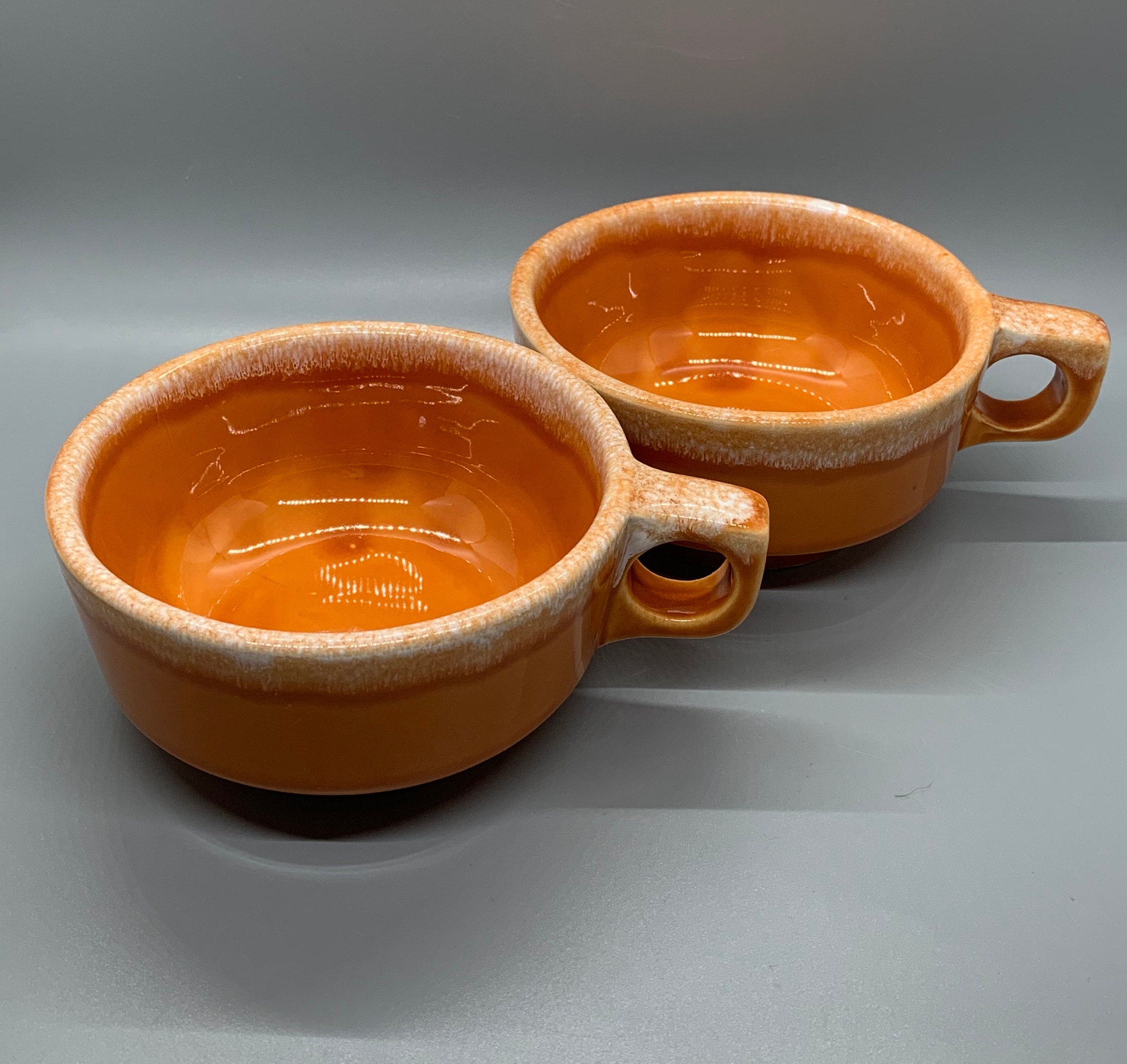 Two Hull Tangerine Orange Soup Mugs Drip Glaze Bowl With Etsy