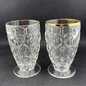 Vintage Jeanette Thumbprint Glass Gold Rim Juice Glasses Set of 2