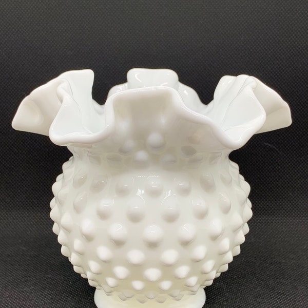 Fenton White Milk Glass Hobnail Footed Vase or Rose Bowl Ruffled Edge