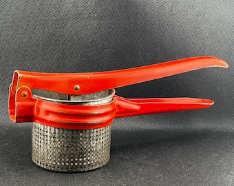 Vintage Potato Ricer, Red Metal Vegetables Masher, 1950s Kitchen Tool