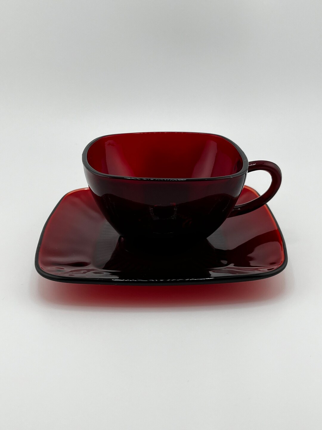 Anchor Hocking Ruby Red Glass Square Cup and Saucer Set Etsy