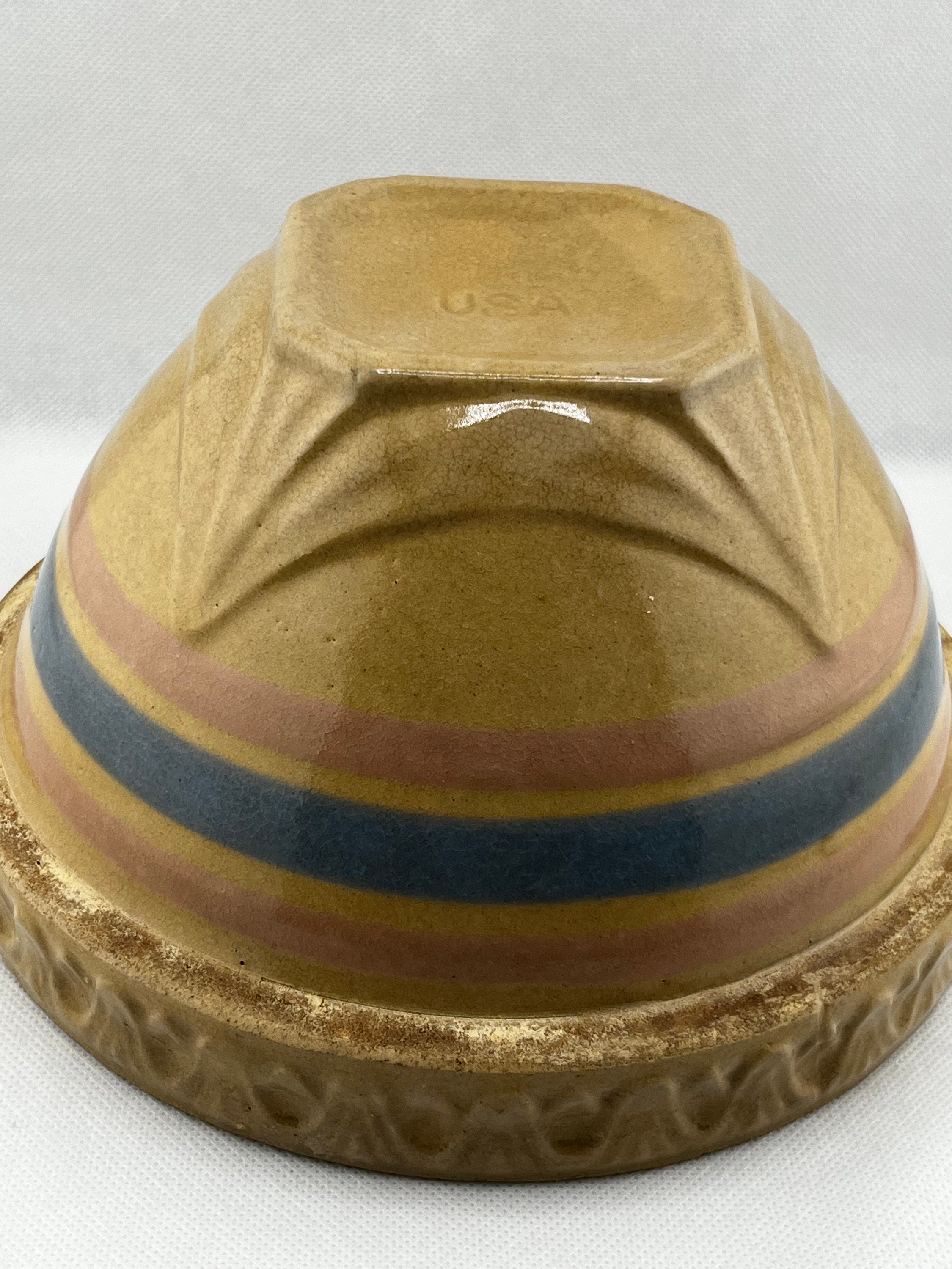 Vintage Mccoy Pottery Yellow Ware Pink and Blue Stripe Vintage Mccoy Pottery Yellow Ware Pink and Blue Stripe