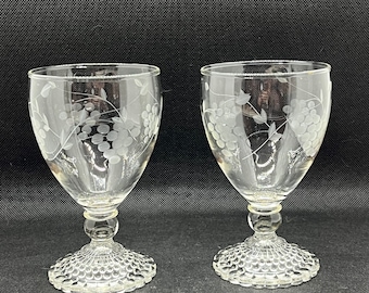 Vintage Etched with Grapes Water Goblets with a bubble foot - set of 2