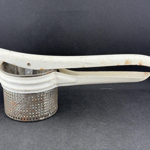 Vintage Potato Ricer, White Metal Vegetables Masher, 1950s Kitchen Tool