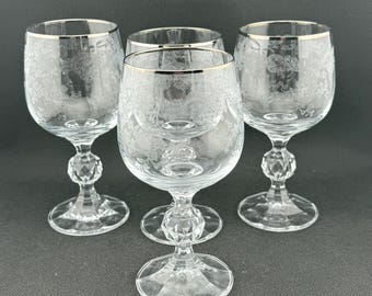Bohemian Cascade Crystal Etched with Platinum Rim Wine Glass set of 4