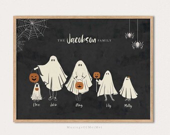 Custom Family Print, Halloween Family Portrait, Personalized Family Print, Custom Family Art with Pets, Halloween Ghost Family Portrait