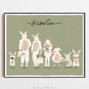 Custom Family Portrait, Easter Family Sign, Personalized Family Print, Printable Art, Custom Family Art with Pets, Easter Bunny Family Print