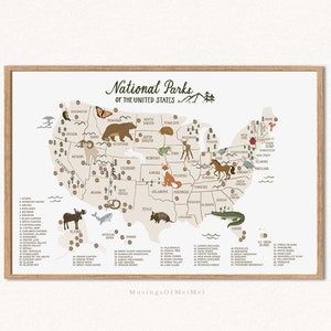 National Parks Wall Art, Printable Wall Art, Woodlands Nursery Decor, US National Parks Map, Kids Room Decor, Nursery Wall Art, Playroom Art