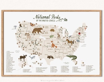 National Parks Wall Art, Printable Wall Art, Woodlands Nursery Decor, US National Parks Map, Kids Room Decor, Nursery Wall Art, Playroom Art