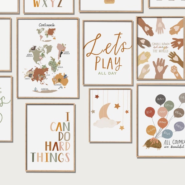 Nursery Art Set of 13 Prints, Rainbow Nursery Wall Art, Boho Nursery Decor, Printable Wall Art, Kids Room Decor, Playroom Decor, Homeschool