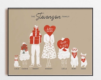Custom Family Portrait for Valentines Day, Personalized Family Art Print, Custom Family Wall Art with Pets, Valentines Gift for Mom, Custom