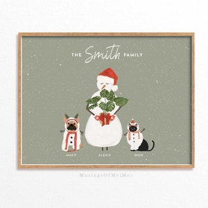 Retrato de família personalizado, cor sálvia, impressão de família de Natal personalizada, arte de parede para impressão, arte de família personalizada com animais de estimação, arte de parede para impressão