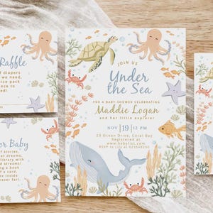 Under the Sea Baby Shower Invitation Suite, Ocean Animals Editable Template