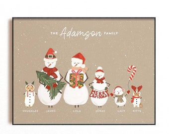 May include: A digital illustration of a family of snowmen with the text "The Adamson Family" at the top. The snowmen are wearing hats, scarves, and other winter accessories. The snowmen are labelled with the names "Snuggles", "James", "Lola", "Jonas", "Lacy", and "Kitty".