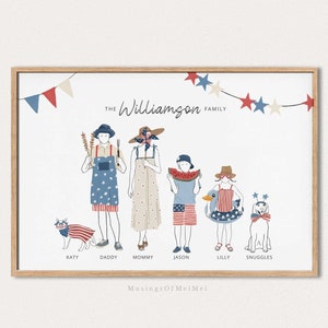 Custom Family Portrait, 4th of July Sign, Printable Wall Art, Personalized Family Print, Printable Wall Art, Custom Family Art with Pets